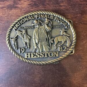 1982 Hesston NFR National Finals Rodeo All Around Cowboy Solid Brass Belt Buckle